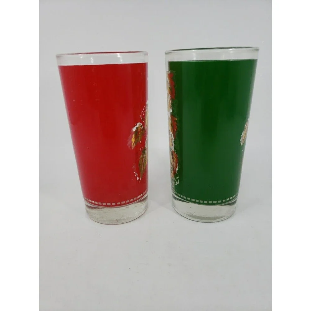 Vintage Libbey Grape Leaf Design Glasses Red Green Gold Christmas 12 oz MCM USA